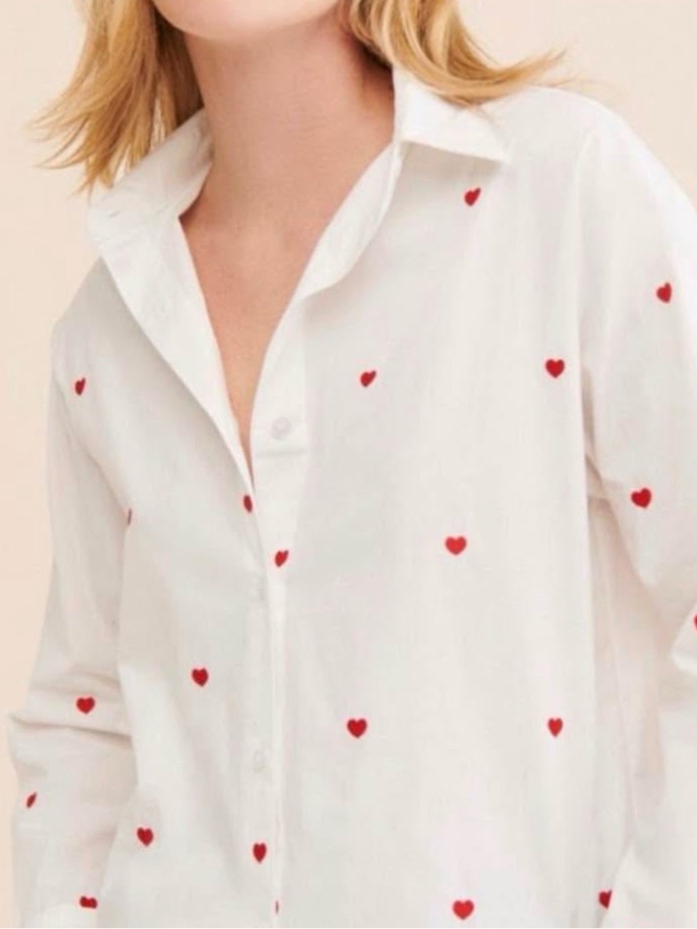 Jane and Delancey White Button-Up Shirt with Red Heart Print